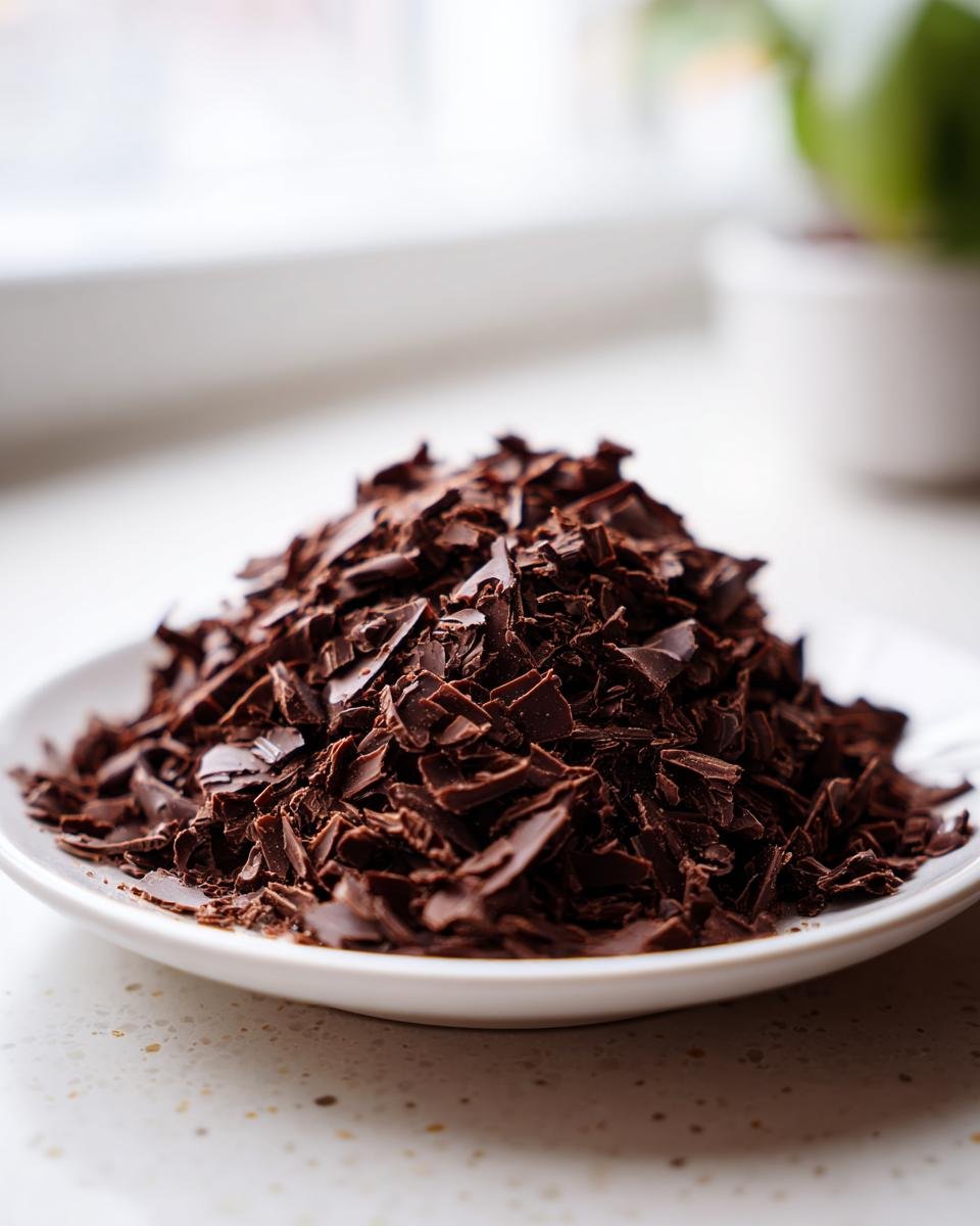 A mound of dark, rich curled chocolate shavings piled high on a small white plate.