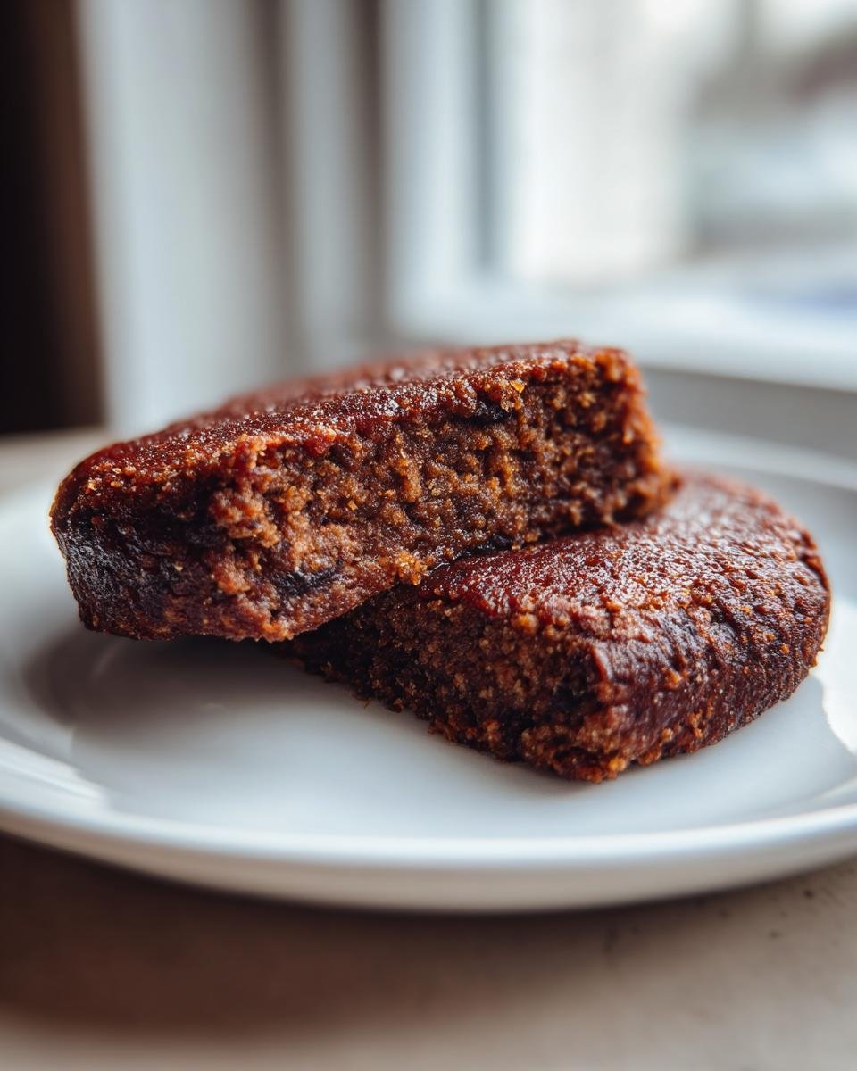 Two halves of a dark brown, dense patty, likely an Easy Black Bean Burger, cut open on a white plate.