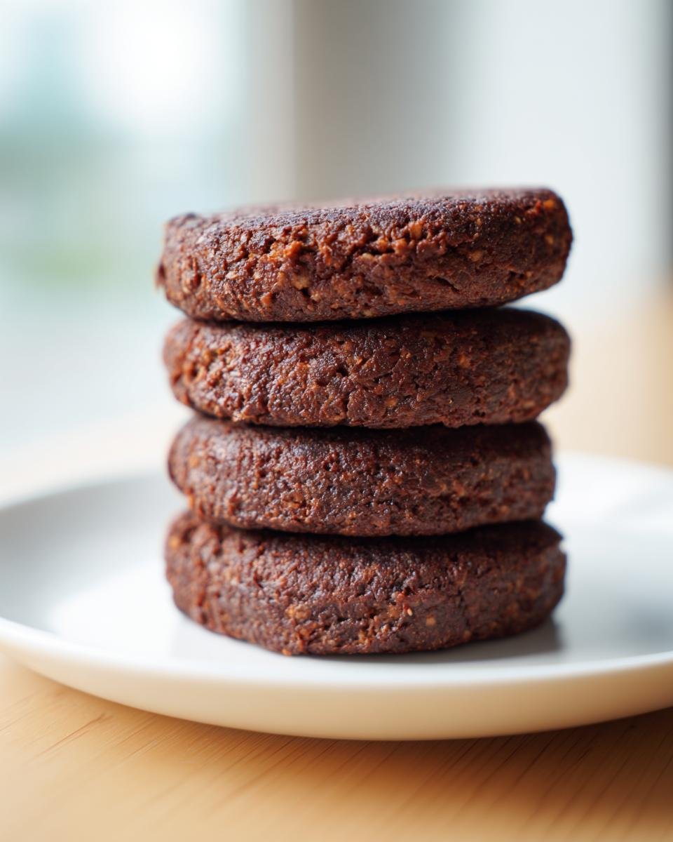 A vertical stack of four perfectly formed, dark brown Easy Black Bean Burgers resting on a white plate.
