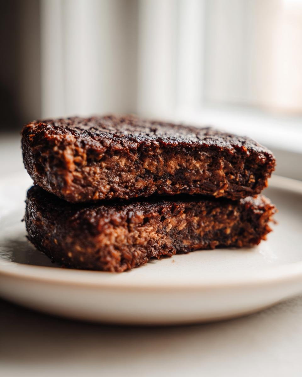 Two perfectly seared Easy Black Bean Burgers stacked on a light plate, showing the rich, textured interior.