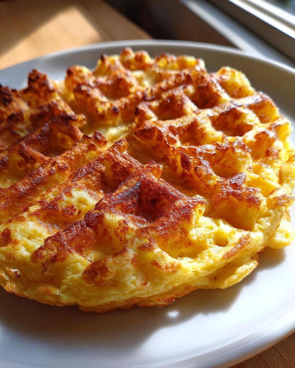 A close-up of a single, golden-brown, freshly made Easy Chaffles resting on a white plate near a window.