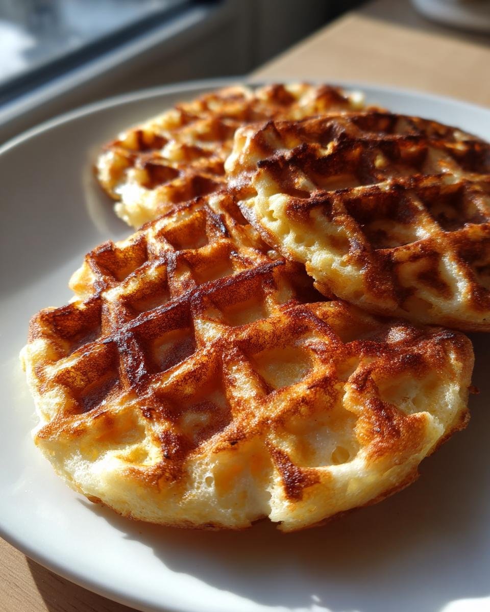 Close-up of three golden brown Easy Chaffles stacked slightly on a white plate, catching bright sunlight.