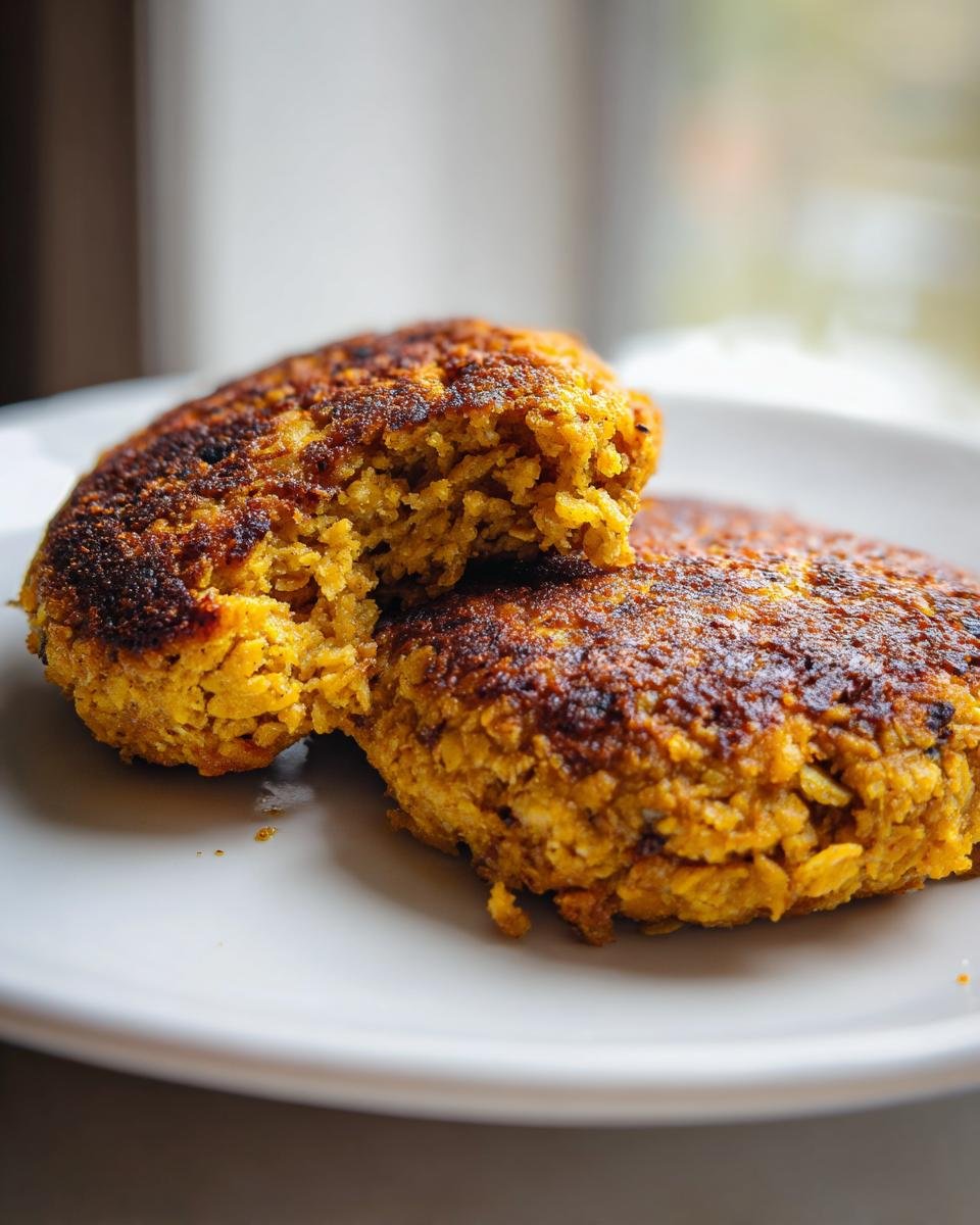 Two golden brown, pan-fried Easy Chickpea Patties on a white plate, with one patty broken to show the textured interior.