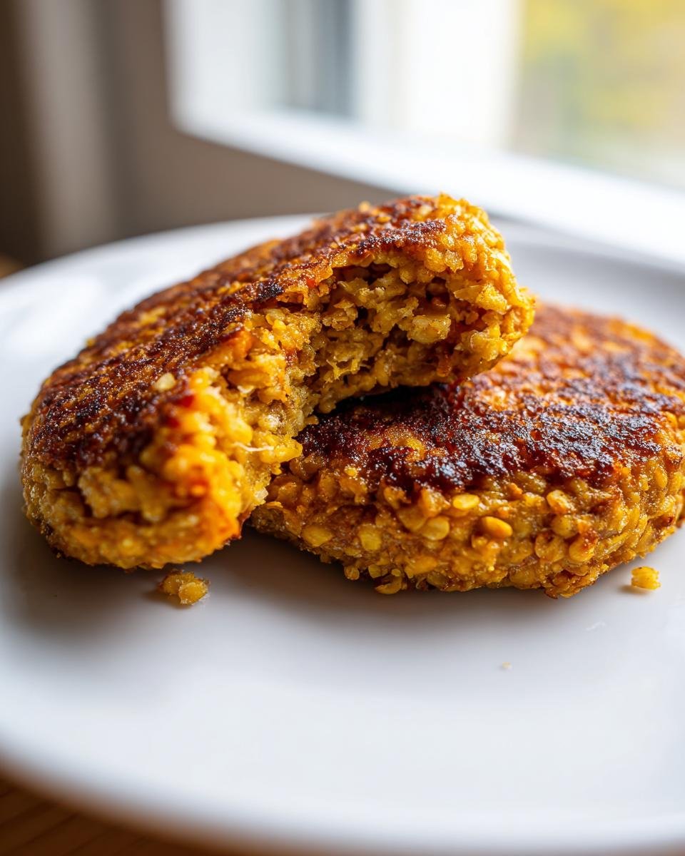 Close-up of two golden brown Easy Chickpea Patties on a white plate, one broken in half showing the textured interior.