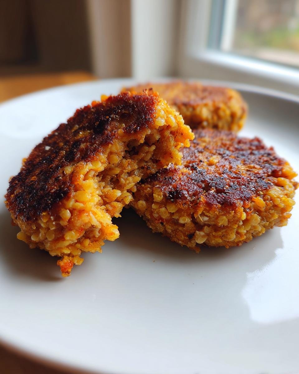 Close-up of three golden-brown Easy Chickpea Patties on a white plate, one patty broken open to show the textured interior.
