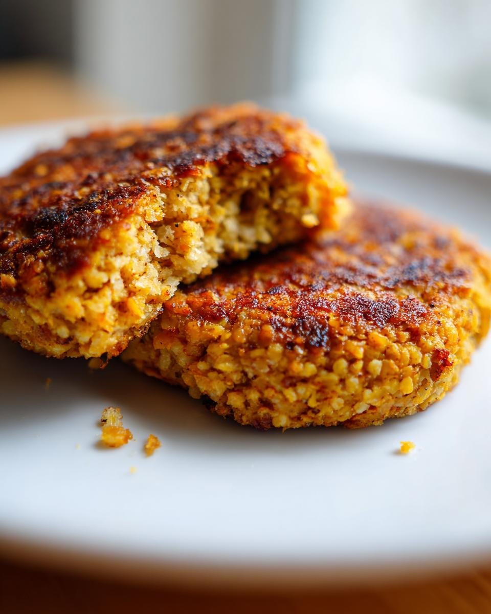 Close-up of two golden-brown Easy Chickpea Patties on a white plate, one broken open showing the textured interior.