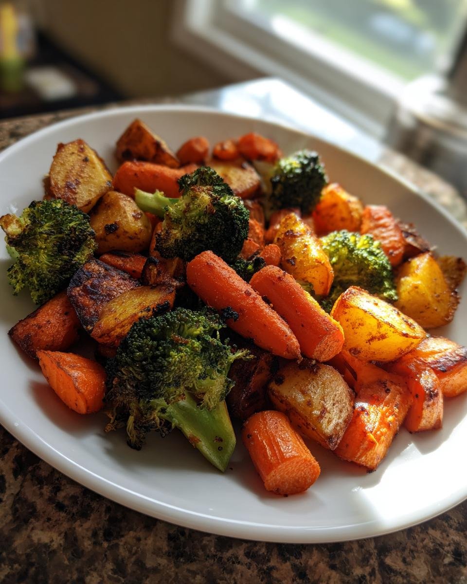 A white plate filled with perfectly caramelized Easy Oven Roasted Vegetables, including potatoes, carrots, and broccoli florets.