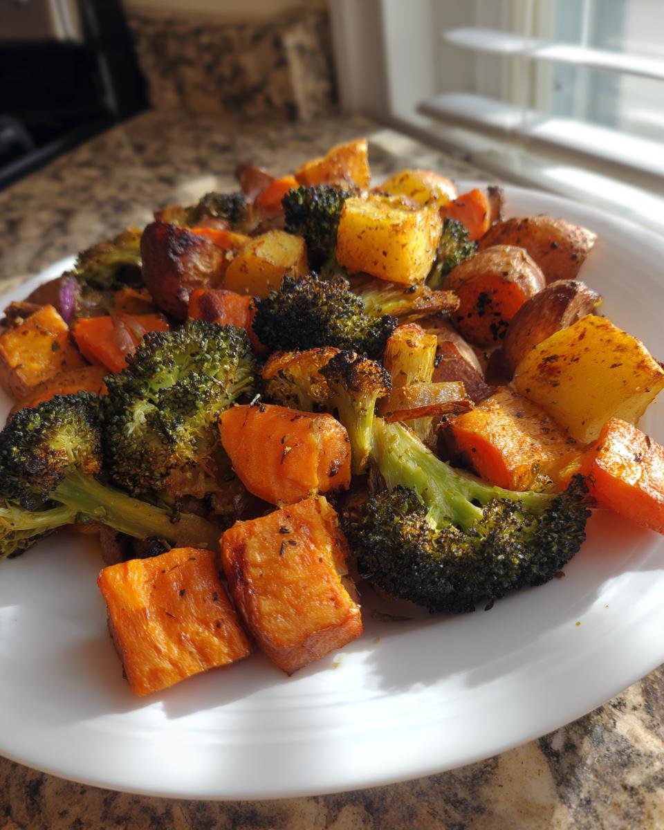 A white plate piled high with colorful, seasoned Easy Oven Roasted Vegetables including broccoli, carrots, and potatoes.