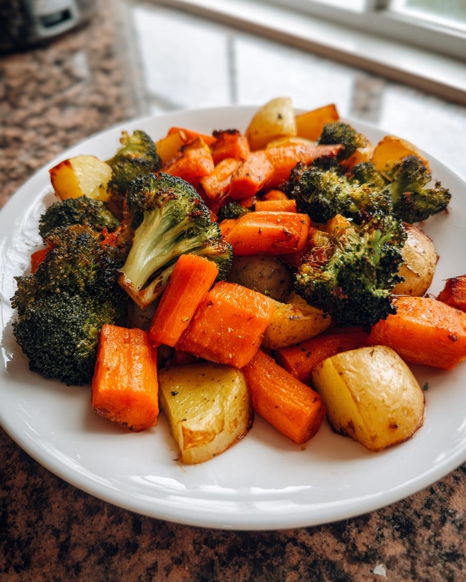 A white plate filled with Easy Oven Roasted Vegetables, including browned broccoli florets, bright orange carrots, and roasted potatoes.
