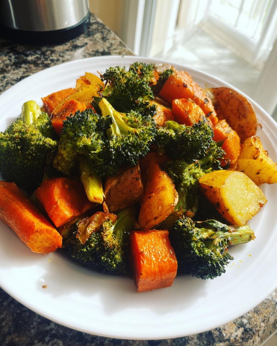A white plate filled with Easy Oven Roasted Vegetables including bright orange carrots, potatoes, and dark green broccoli florets.