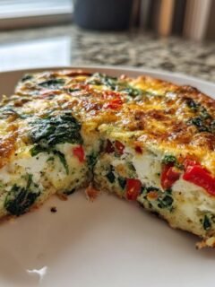 A thick slice of Egg White Frittata filled with spinach and red peppers, showing a golden-brown baked top.