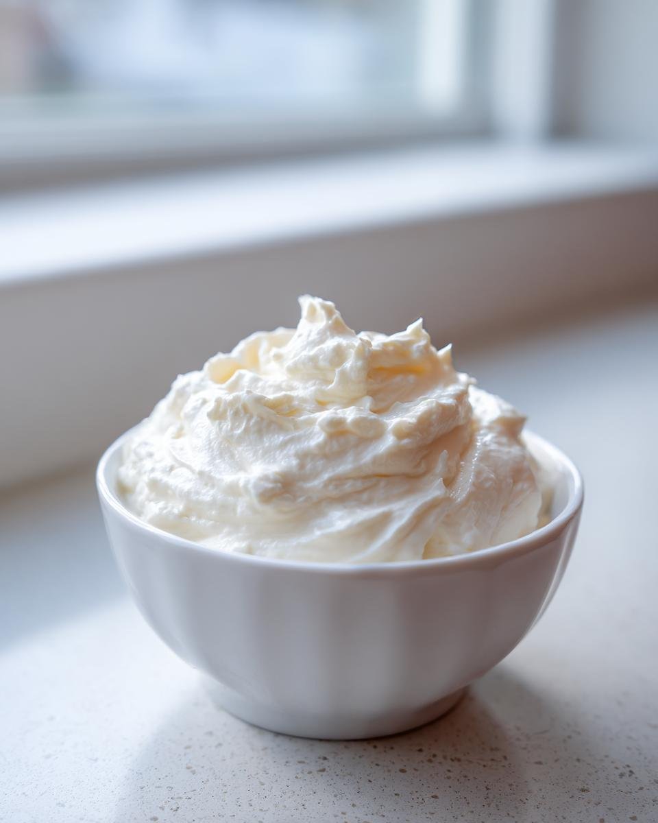 A small white bowl filled with fluffy, whipped white fruit dip, set near a bright window.