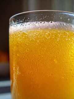Close-up of a tall glass filled with bright yellow Frosted Lemonade, showing condensation and small bubbles on the glass exterior.