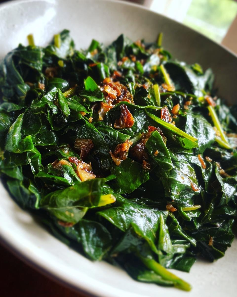 Close-up of vibrant, cooked Garlic Butter Collard Greens topped with browned garlic pieces in a light-colored bowl.