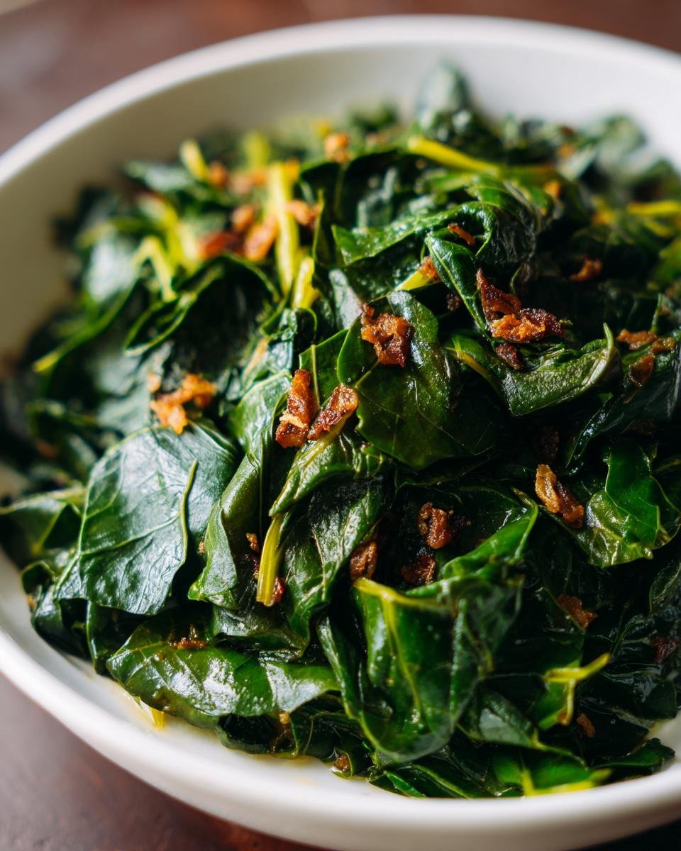 Close-up of vibrant, glossy Garlic Butter Collard Greens served in a white bowl, topped with crispy bits.
