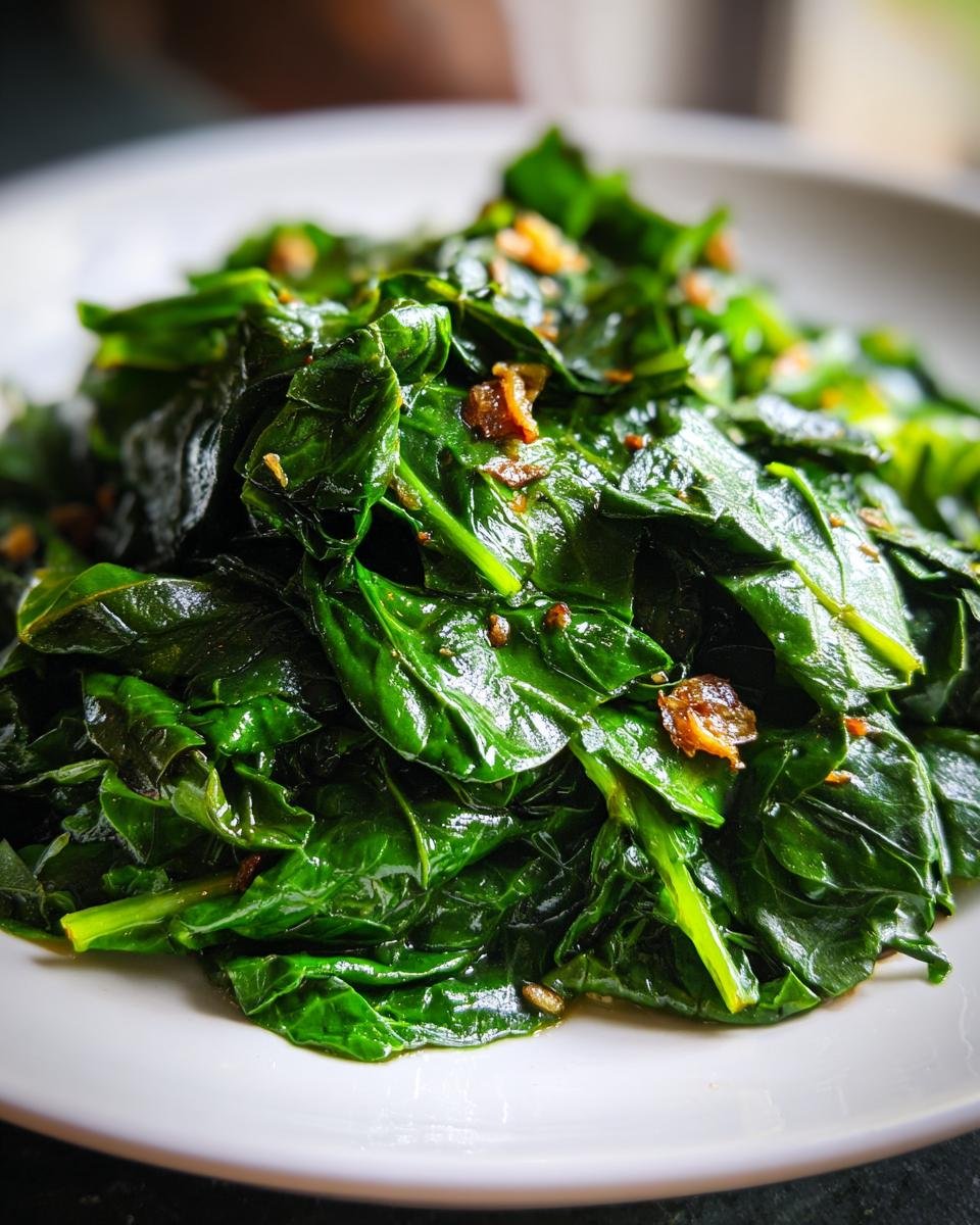 A close-up of vibrant, glossy Garlic Butter Collard Greens piled high on a white plate, topped with browned garlic bits.