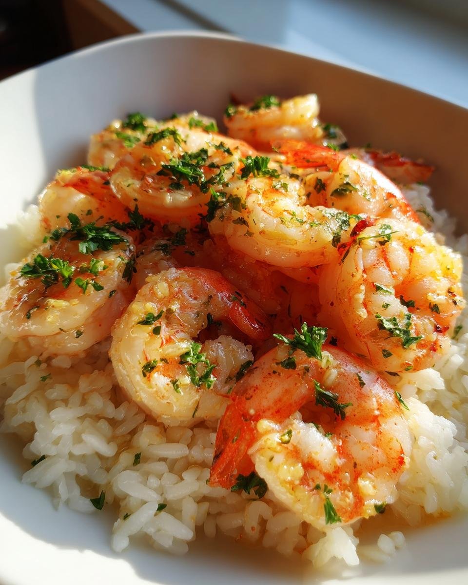 Close-up of Garlic Butter Shrimp And Rice, featuring plump shrimp coated in garlic butter sauce over white rice, sprinkled with parsley.