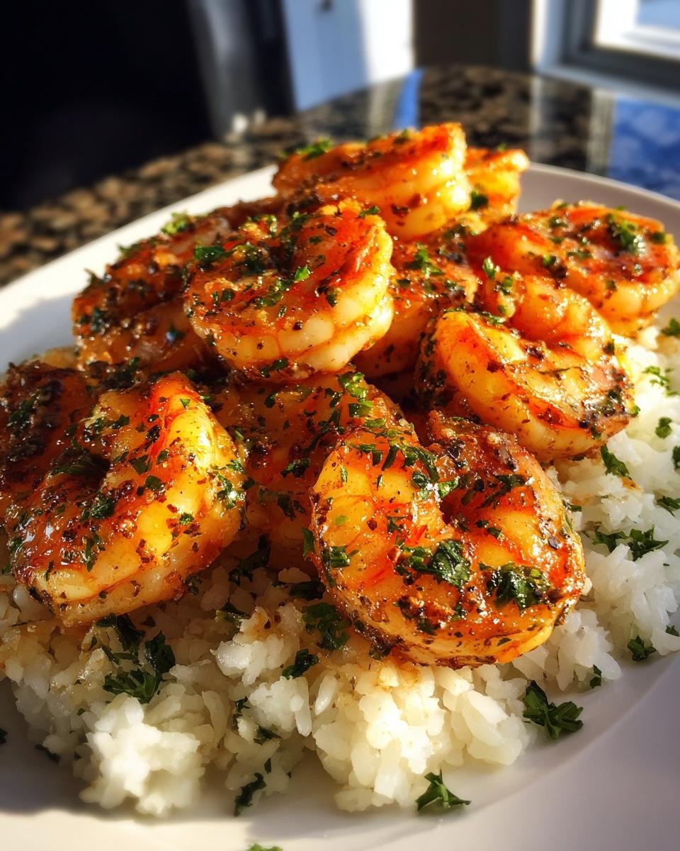 Close-up of succulent, seasoned Garlic Butter Shrimp And Rice topped with fresh parsley.