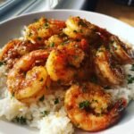 Close-up of succulent, browned Garlic Butter Shrimp And Rice topped with fresh parsley in a white bowl.
