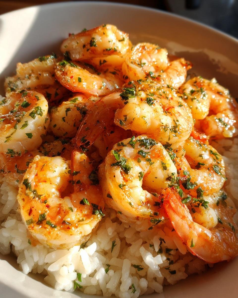 Close-up of juicy, seasoned Garlic Butter Shrimp And Rice topped with fresh parsley.