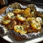Close-up of tender, halved Garlic Herb Grilled Potatoes In Foil seasoned with herbs and spices.