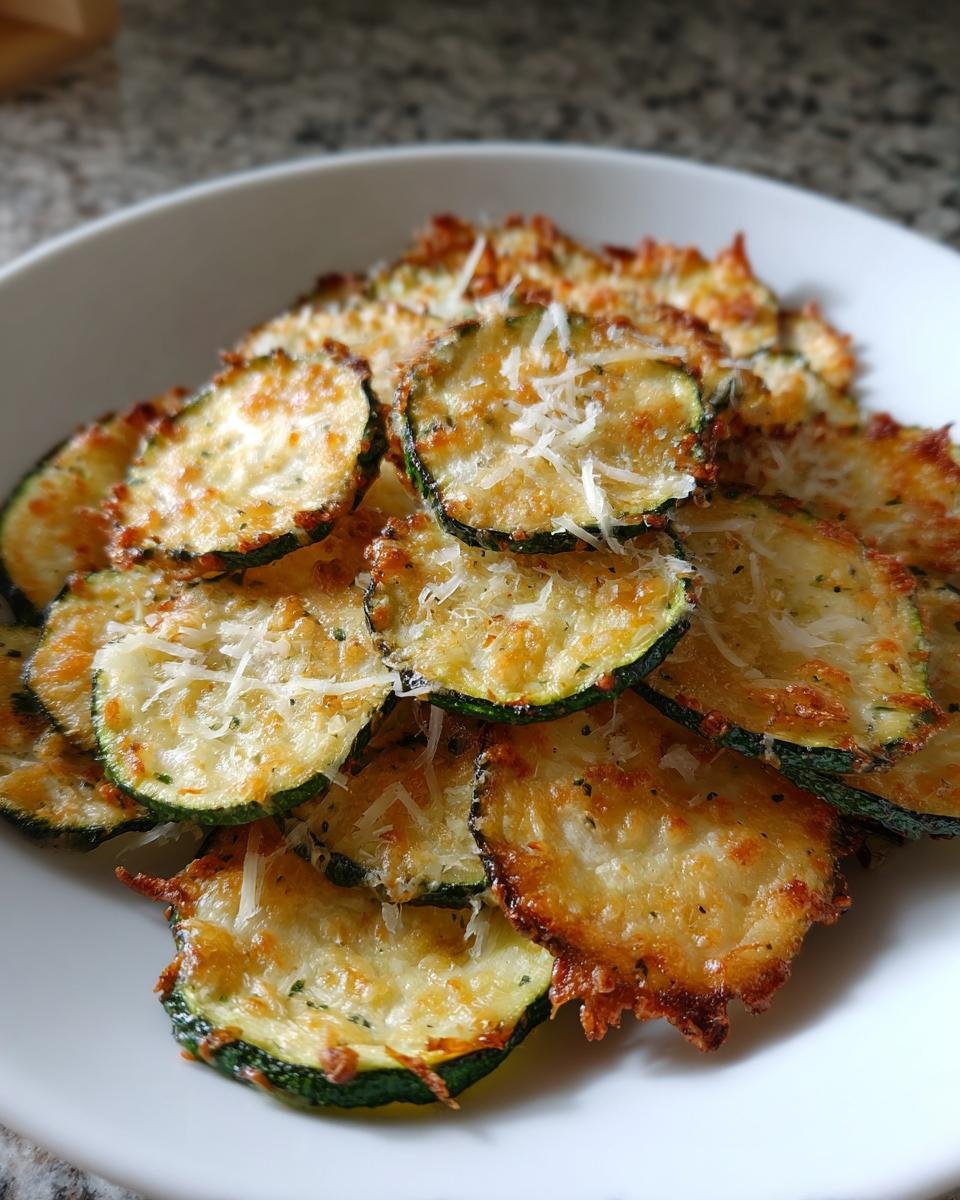 A white bowl filled with crispy, baked Garlic Parmesan Baked Zucchini Chips topped with shredded cheese.