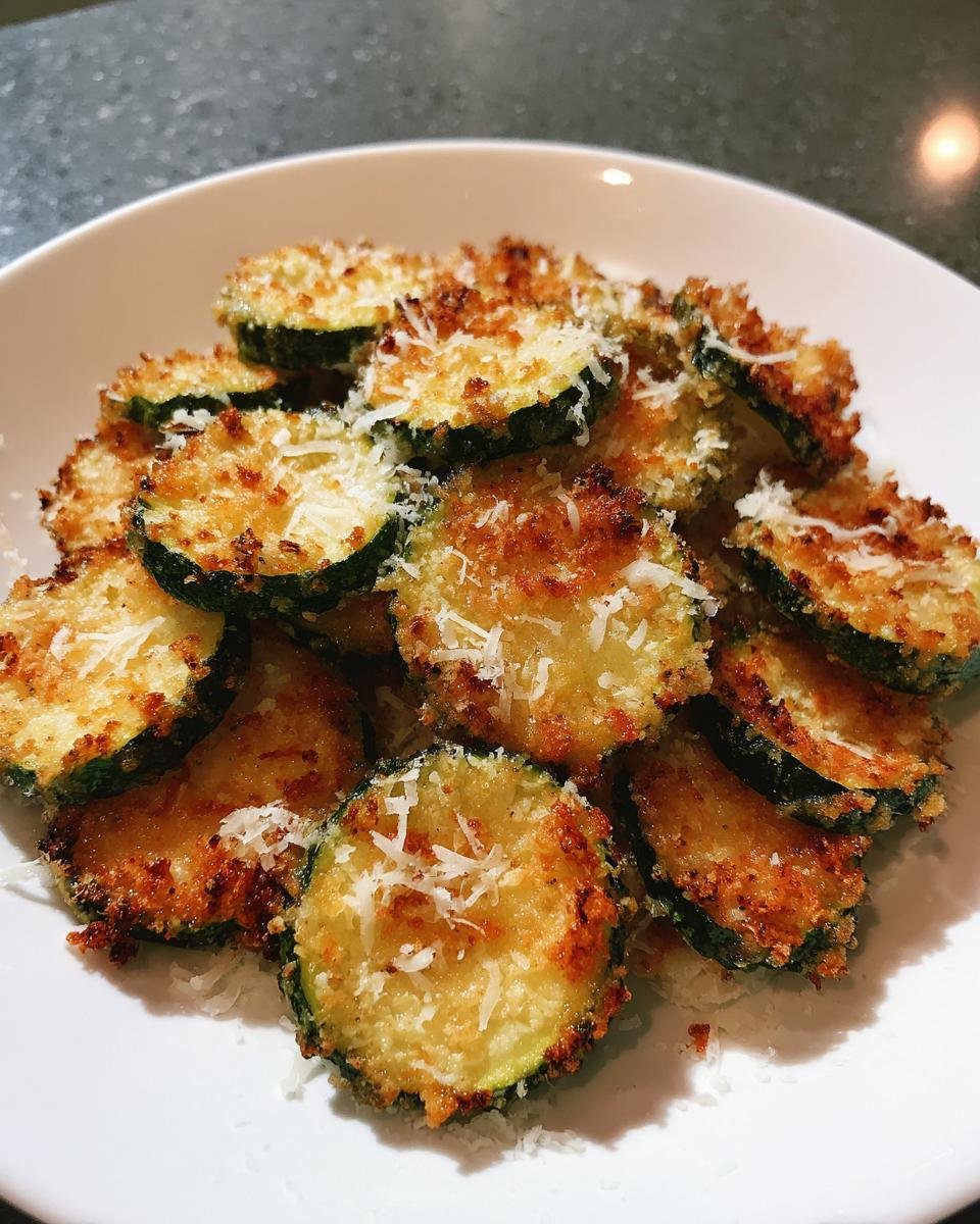 A white bowl filled with crispy, golden-brown Garlic Parmesan Baked Zucchini Chips topped with grated cheese.