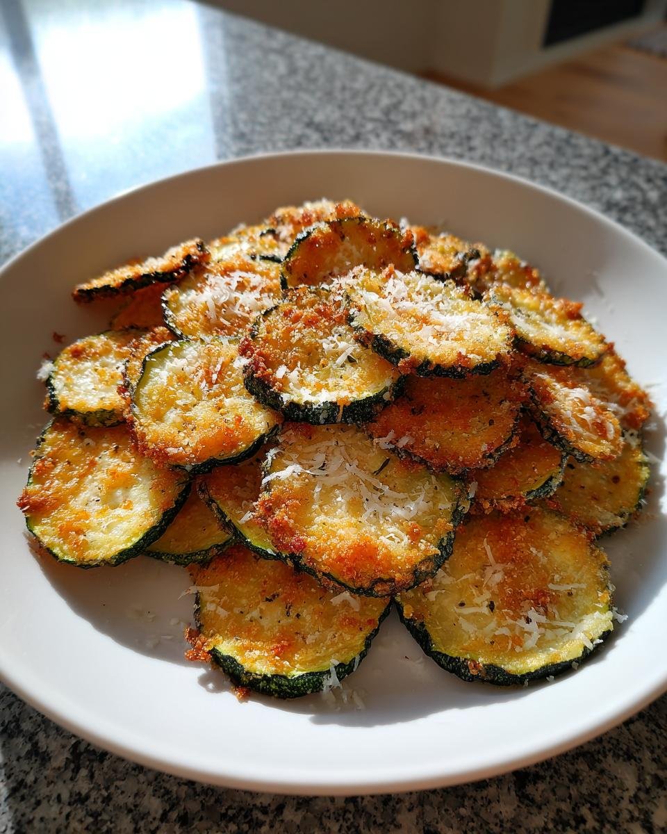 A white plate piled high with crispy, golden Garlic Parmesan Baked Zucchini Chips topped with shredded cheese.