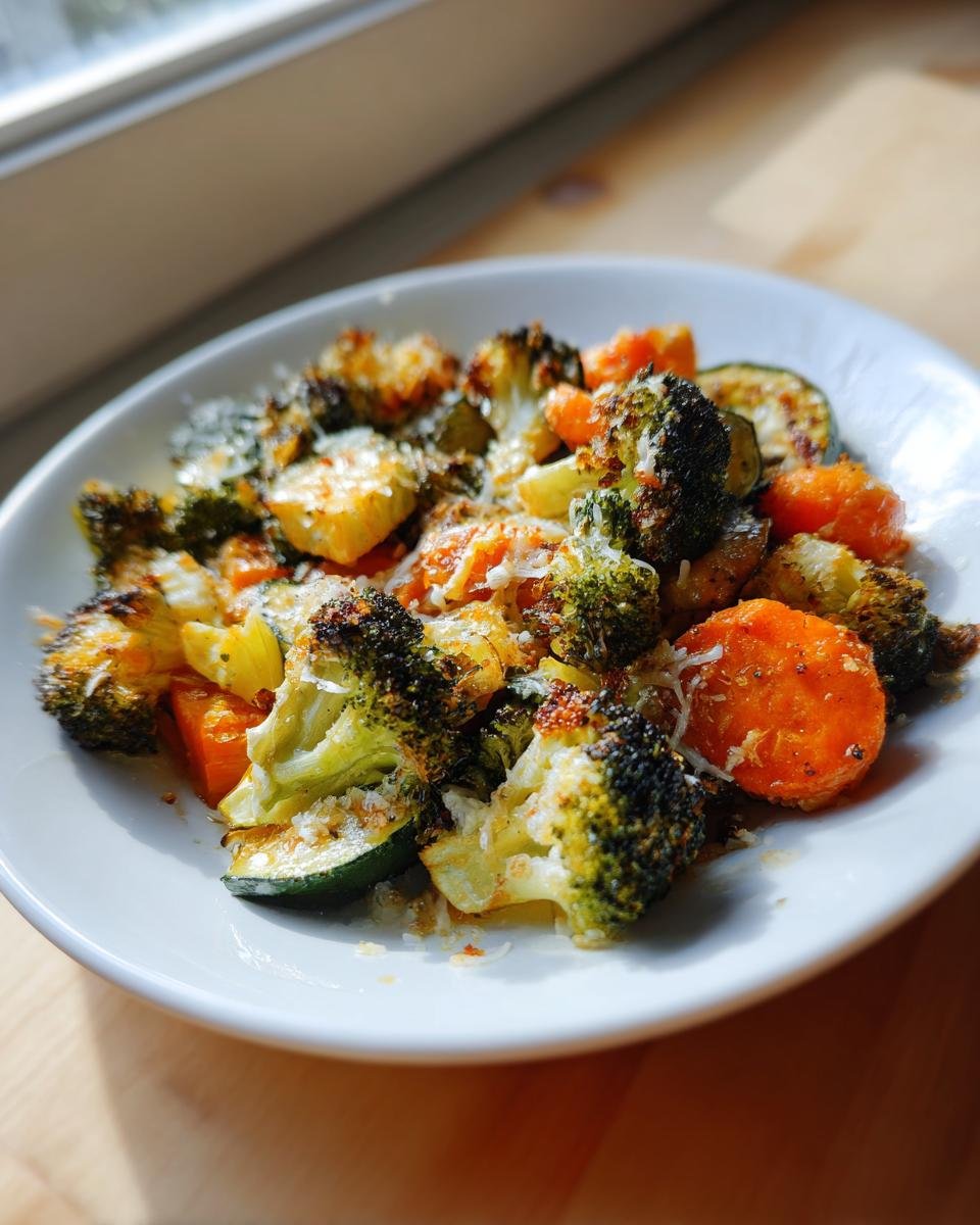 A close-up of roasted broccoli, carrots, and zucchini topped with grated cheese, representing Garlic Parmesan Roasted Vegetables.