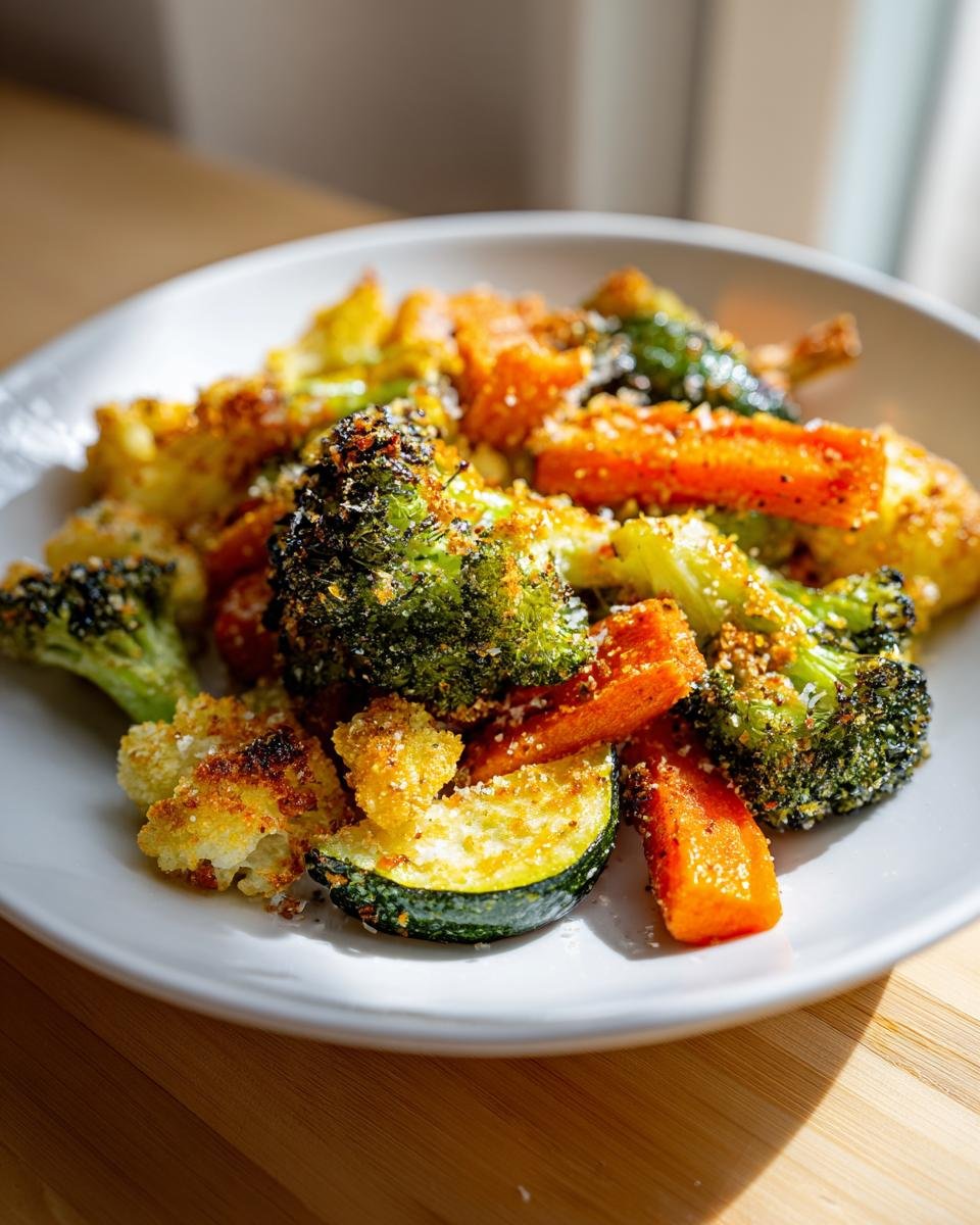 Close-up of roasted broccoli, carrots, zucchini, and cauliflower coated in Garlic Parmesan Roasted Vegetables seasoning.