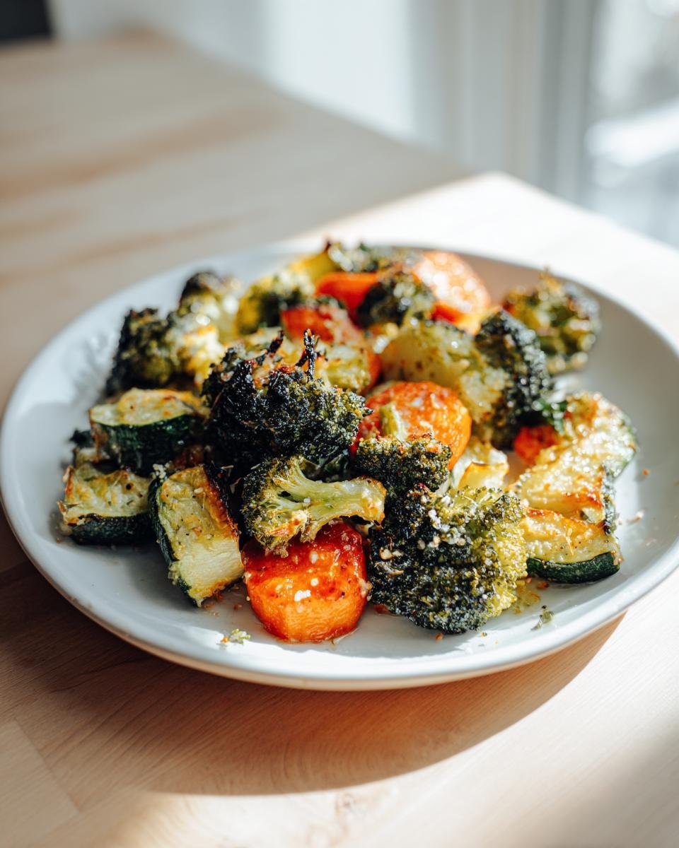 A white plate filled with roasted broccoli, carrots, and zucchini coated in Garlic Parmesan Roasted Vegetables seasoning.