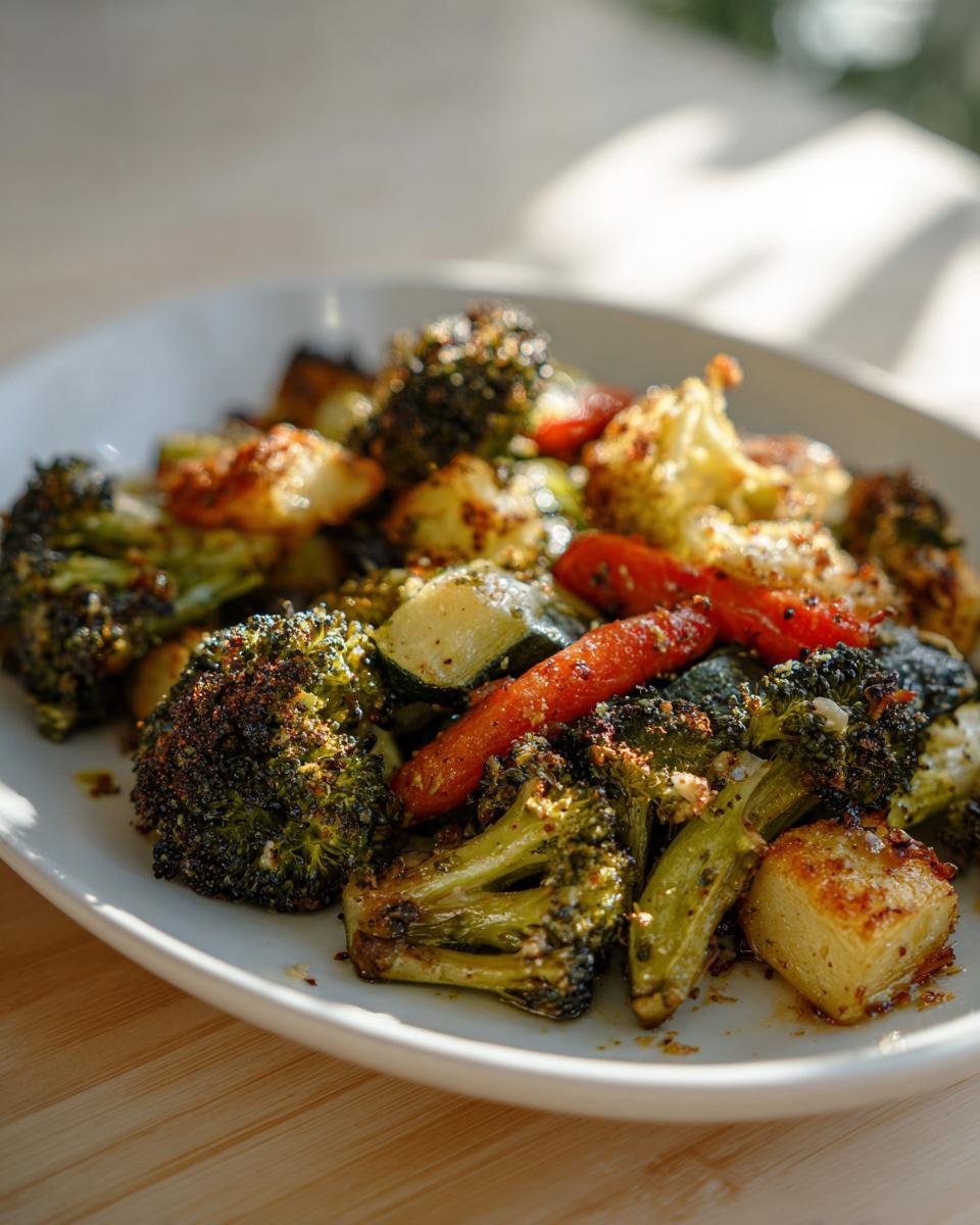 Close-up of roasted broccoli, carrots, and zucchini coated in seasoning, representing Garlic Parmesan Roasted Vegetables.
