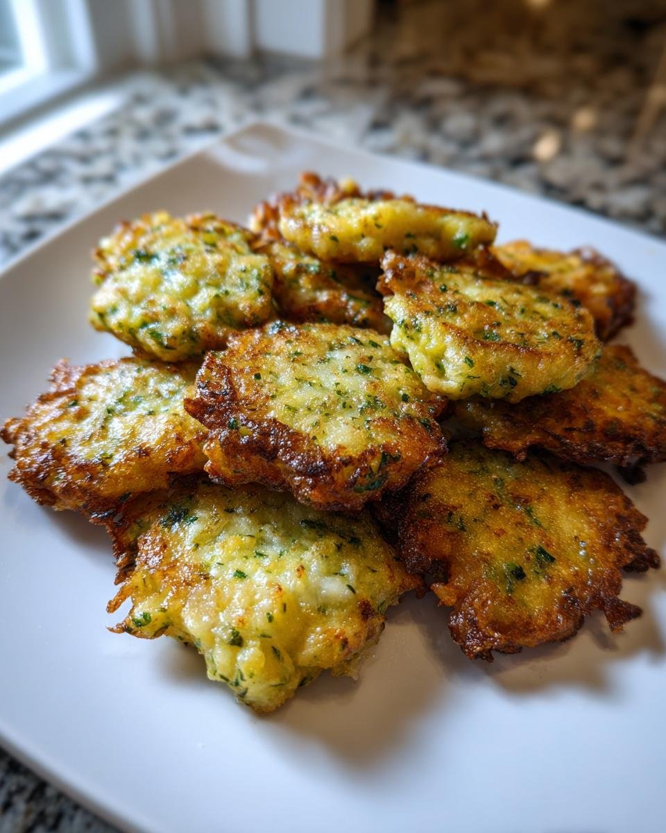 A pile of golden brown, pan-fried Garlicky Cheesy Broccoli Fritters seasoned with green herbs on a white plate.
