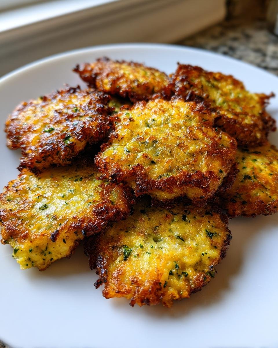 A close-up of several golden-brown Garlicky Cheesy Broccoli Fritters piled on a white plate.