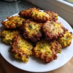 A plate piled high with golden-brown, crispy Garlicky Cheesy Broccoli Fritters flecked with green broccoli pieces.