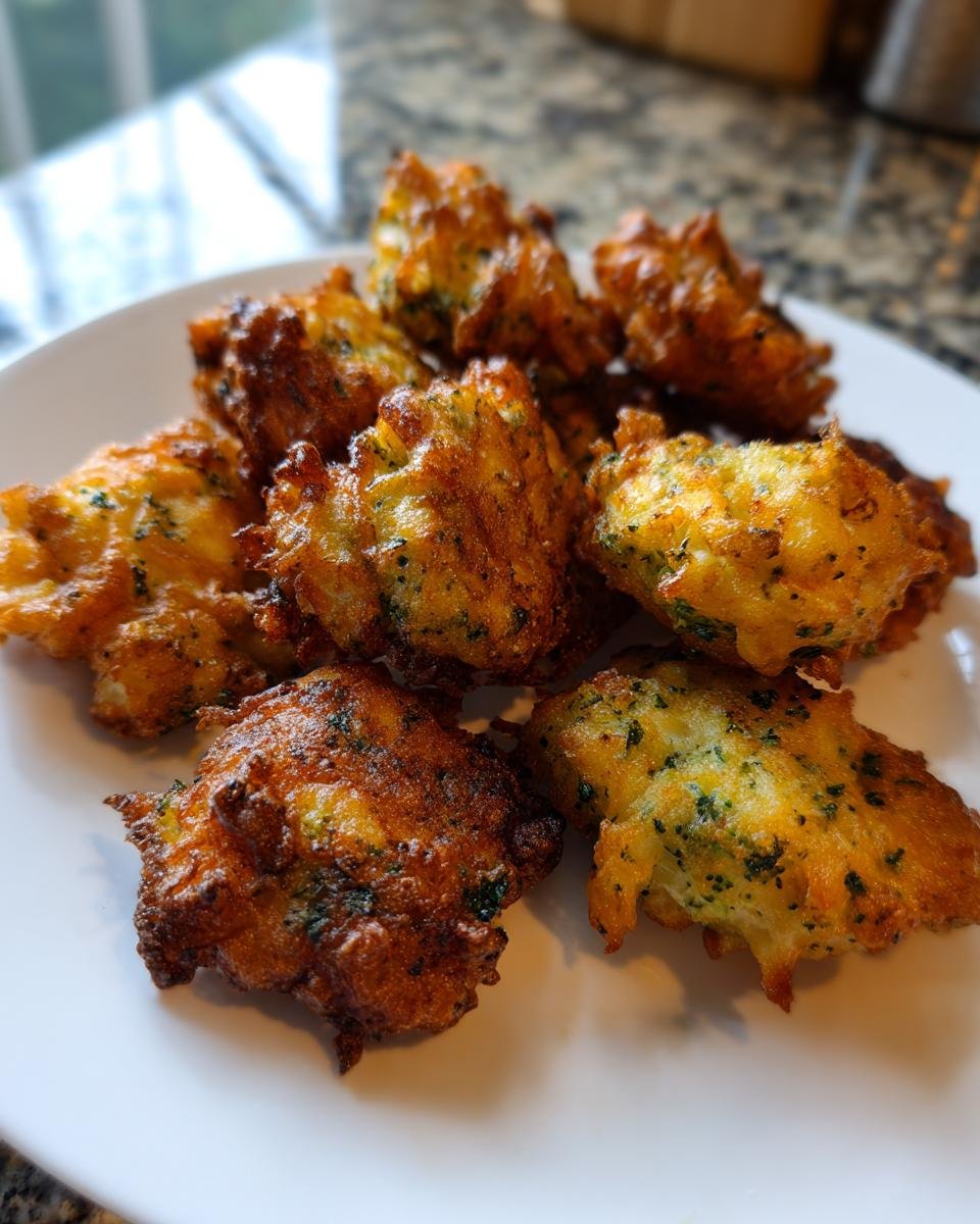 A pile of golden brown, crispy Garlicky Cheesy Broccoli Fritters served on a white plate.
