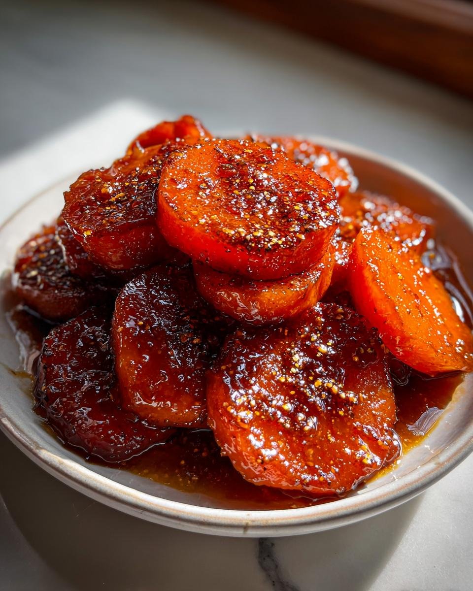 Close-up of thick-cut, glazed Candied Yams piled in a small bowl, glistening with dark syrup and sprinkled with spices.