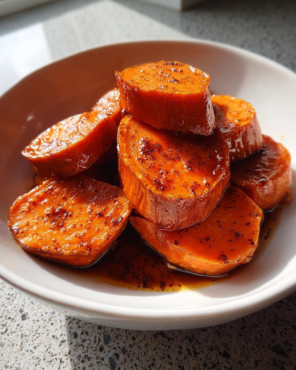 Close-up of thick-cut, glazed Candied Yams piled in a white bowl, glistening with syrup and spices.