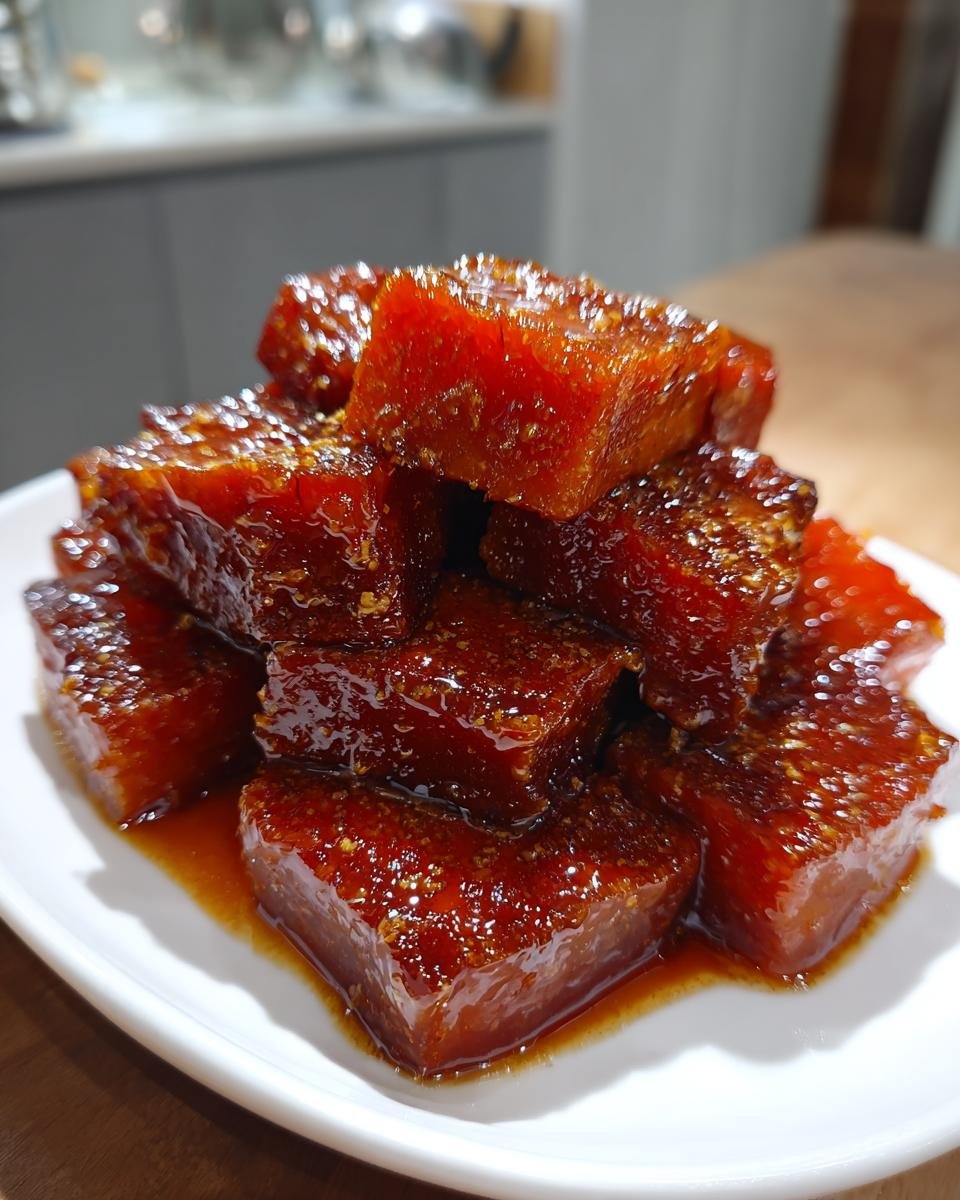 A stack of glistening, dark orange-brown candied yams cubes coated in a thick, sweet glaze.
