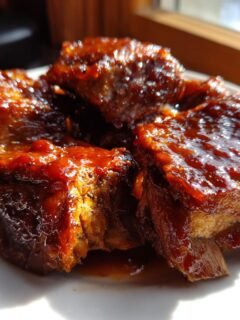 Close-up of tender Country Style Pork Ribs coated in a thick, glossy, dark red barbecue glaze.