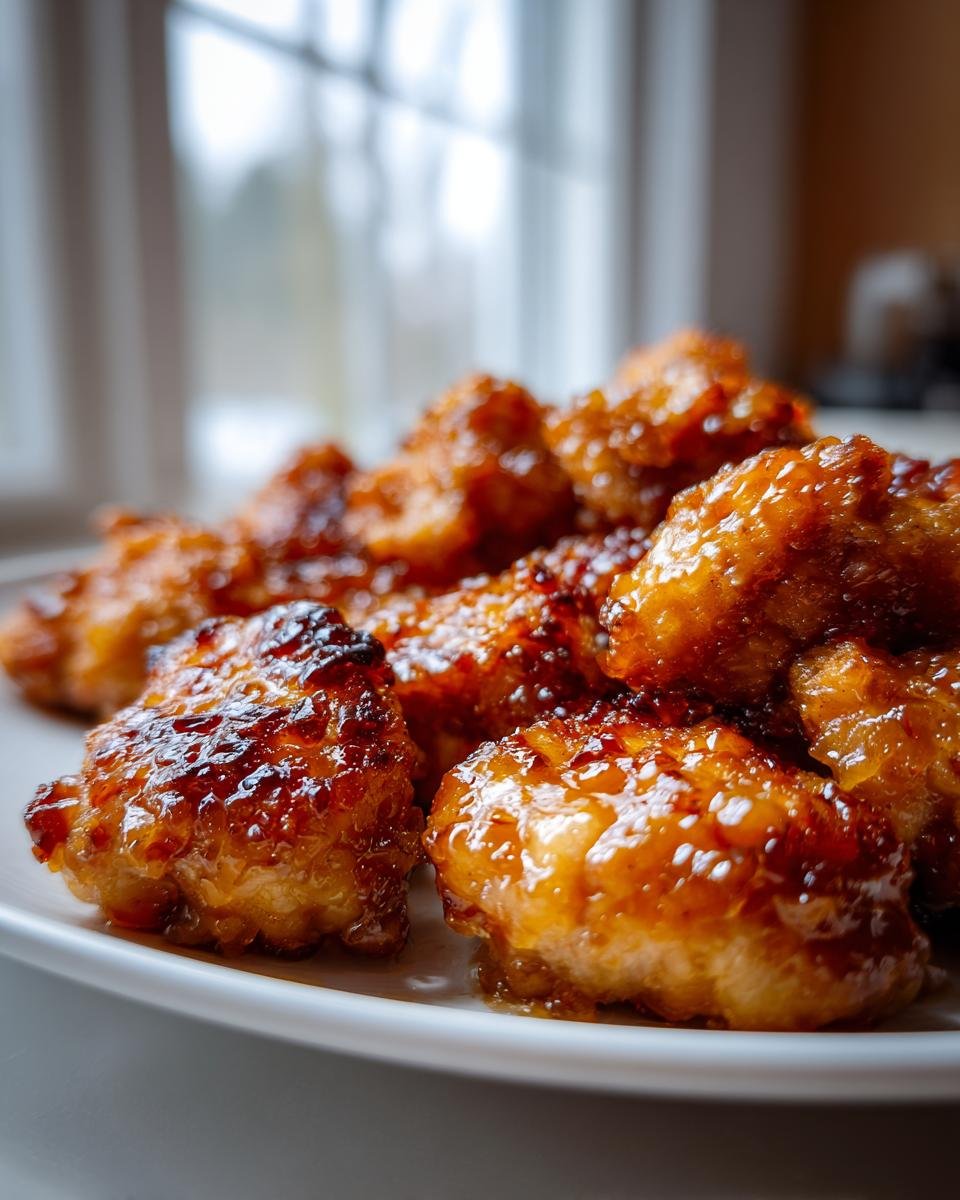 Close-up of crispy chicken pieces coated in a shiny, caramelized Hot Honey Chicken glaze served on a white plate.
