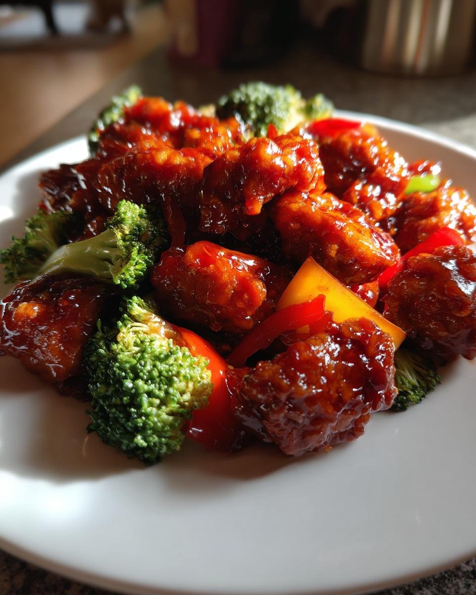 Close-up of glossy, saucy Szechuan Chicken pieces mixed with bright green broccoli florets and red/yellow bell peppers.