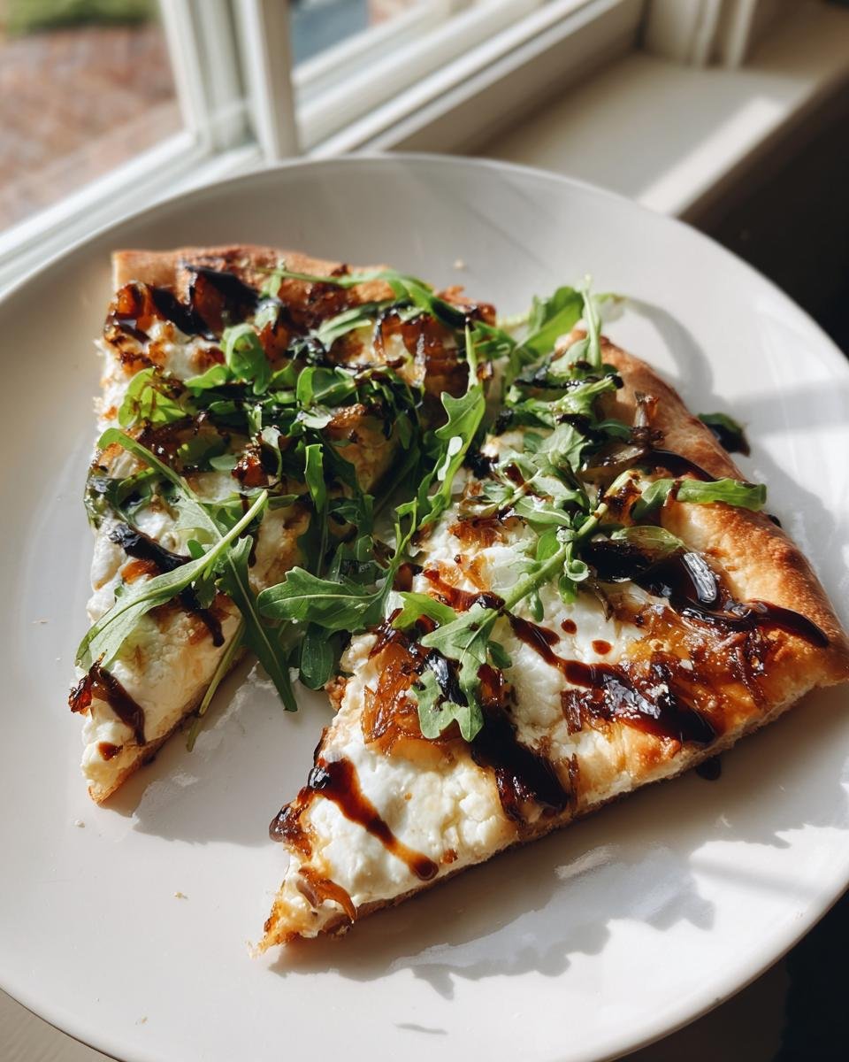 Two slices of Goat Cheese Pizza topped with creamy cheese, caramelized onions, fresh arugula, and balsamic glaze.