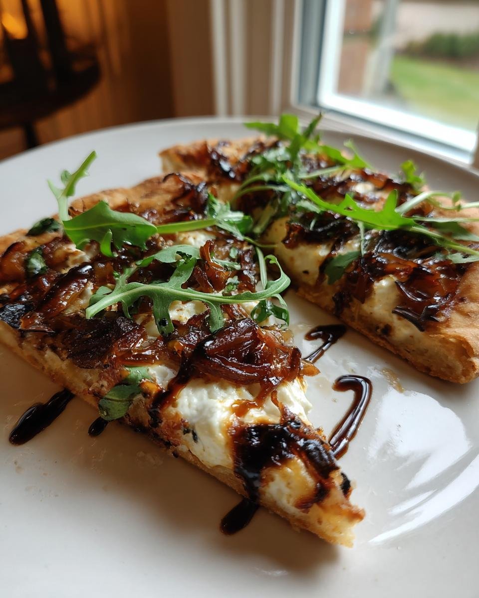 Two slices of Goat Cheese Pizza topped with creamy cheese, caramelized onions, arugula, and balsamic glaze.