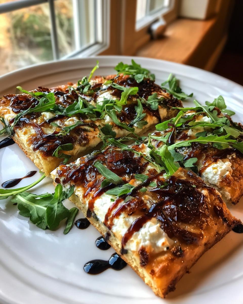 Four square slices of Goat Cheese Pizza topped with creamy white cheese, caramelized onions, arugula, and balsamic glaze.