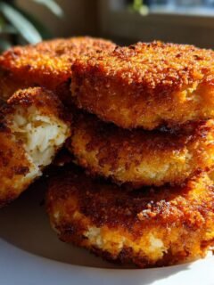A stack of perfectly golden brown Air Fryer Crab Cakes, with one broken open showing flaky white crab meat inside.