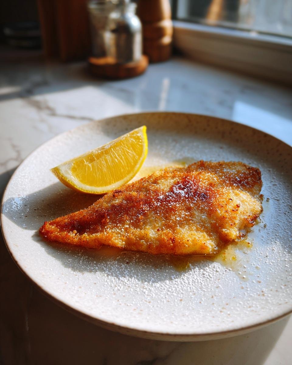 A thin, pan-fried Chicken Paillard dusted with seasoning, served on a speckled plate with a bright lemon wedge.