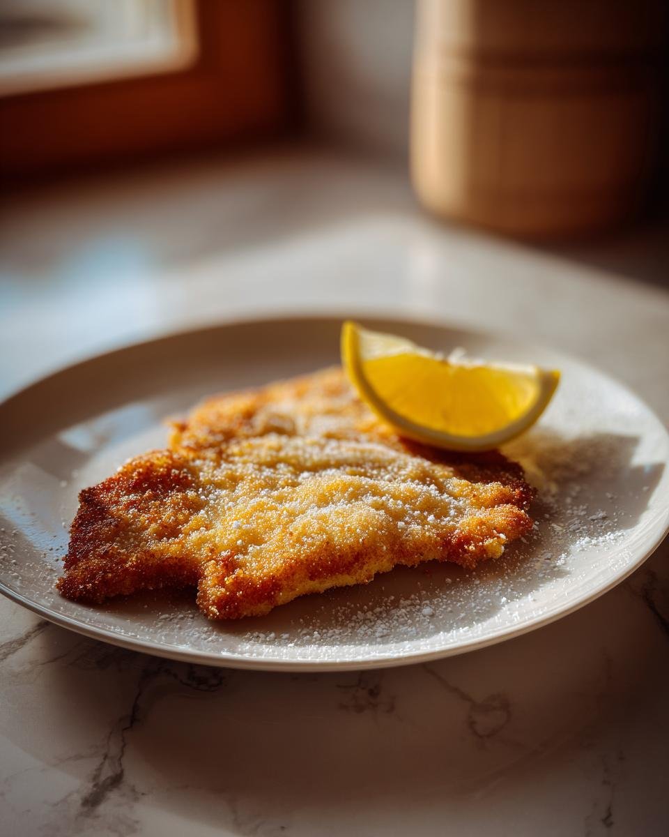 A thin, golden-brown breaded Chicken Paillard served on a white plate with a bright lemon wedge.