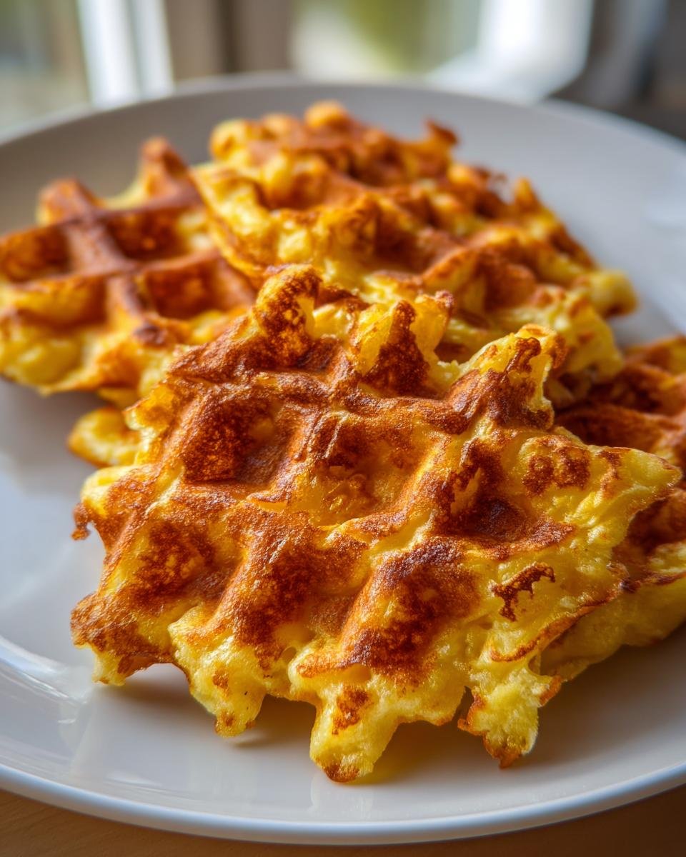 Close-up of several golden brown, crispy Easy Chaffles stacked on a white plate, perfect for breakfast.