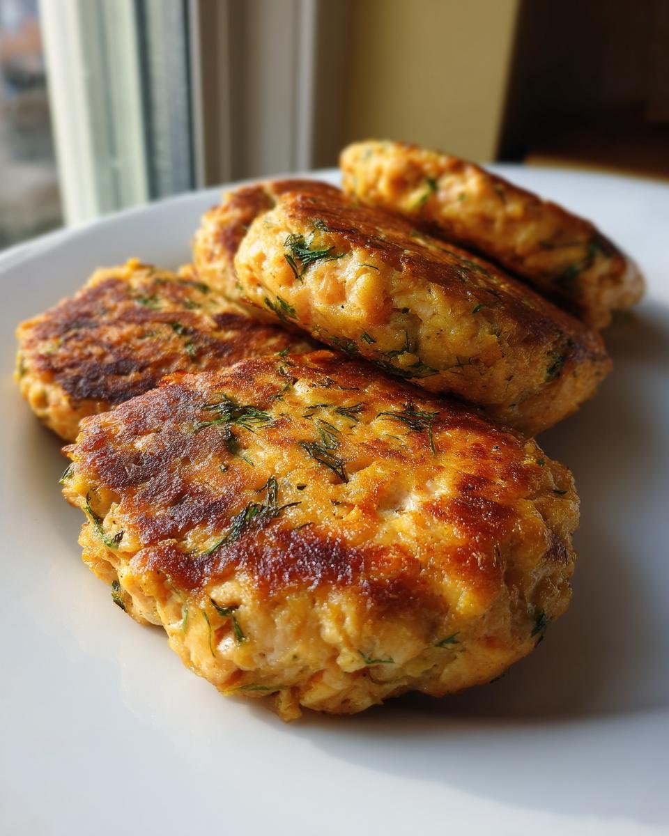 Four perfectly cooked Salmon Burgers, golden brown and flecked with green herbs like dill, stacked on a white plate.